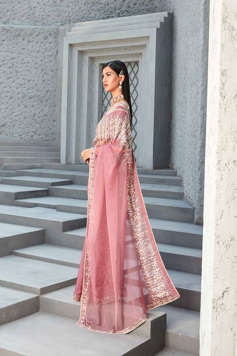 A model showcasing Oraganza Saree With Reglan Puff Sleeve Blouse by Ranian from Ranian's collection A model showcasing Oraganza Saree With Reglan Puff Sleeve Blouse by Ranian from Ranian's collection