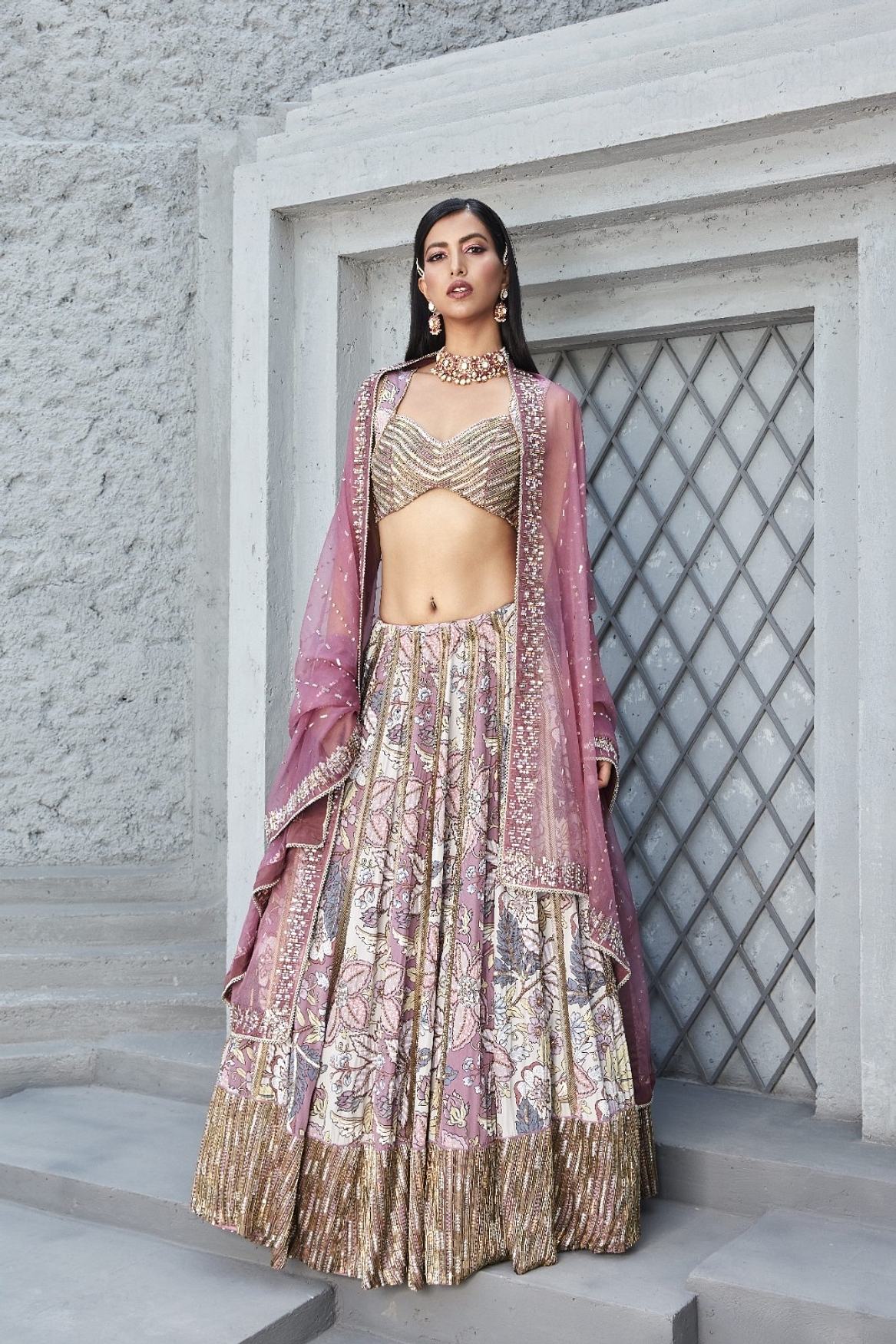 A model showcasing Rose Pink Lilian Print Lengha Feature image by Ranian from Ranian's collection