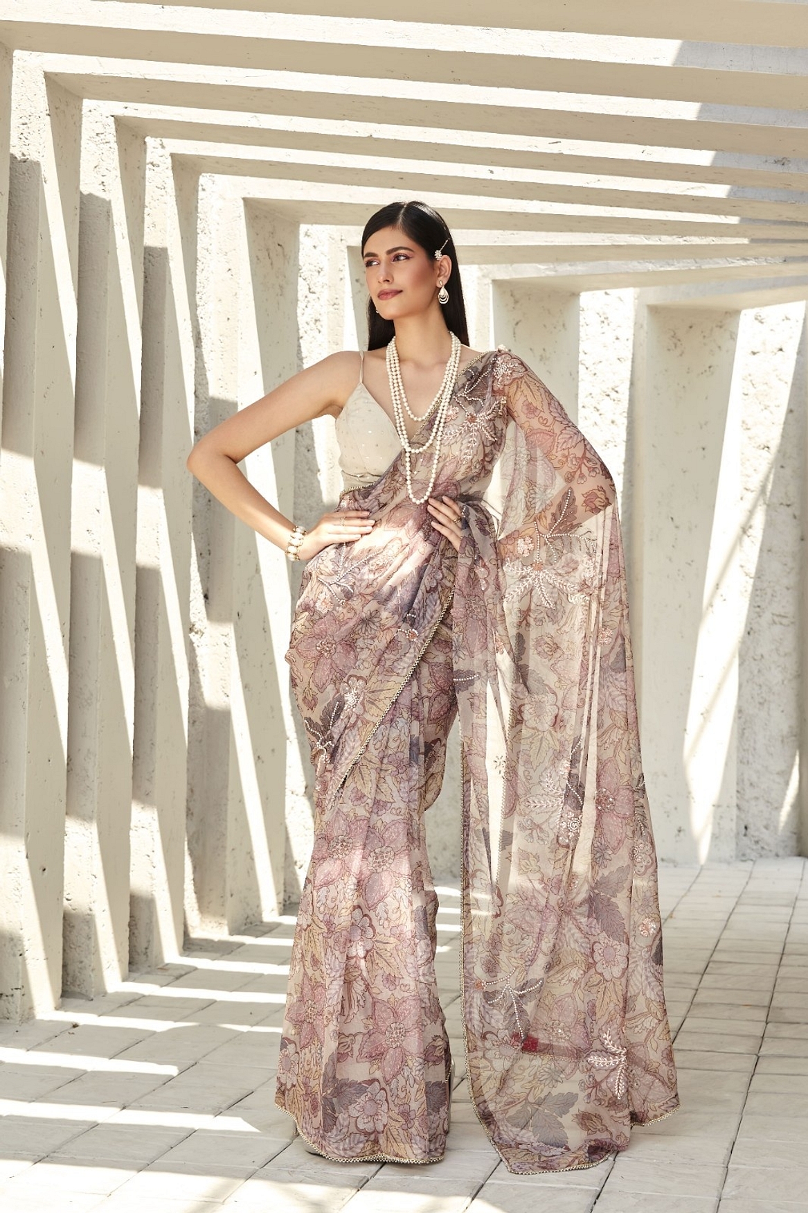 A model showcasing Lilian Print Organza Saree Feature image by Ranian from Ranian's collection