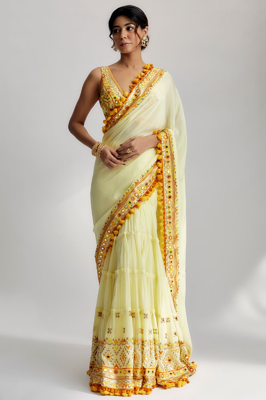 A model showcasing Yellow Srini Saree Feature image by Gopi Vaid from Gopi Vaid's collection
