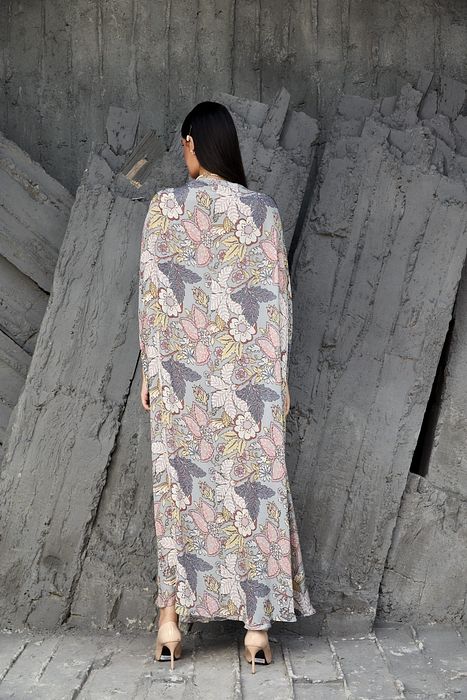 A model showcasing Pearl Grey Kaftan by Ranian from Ranian's collection