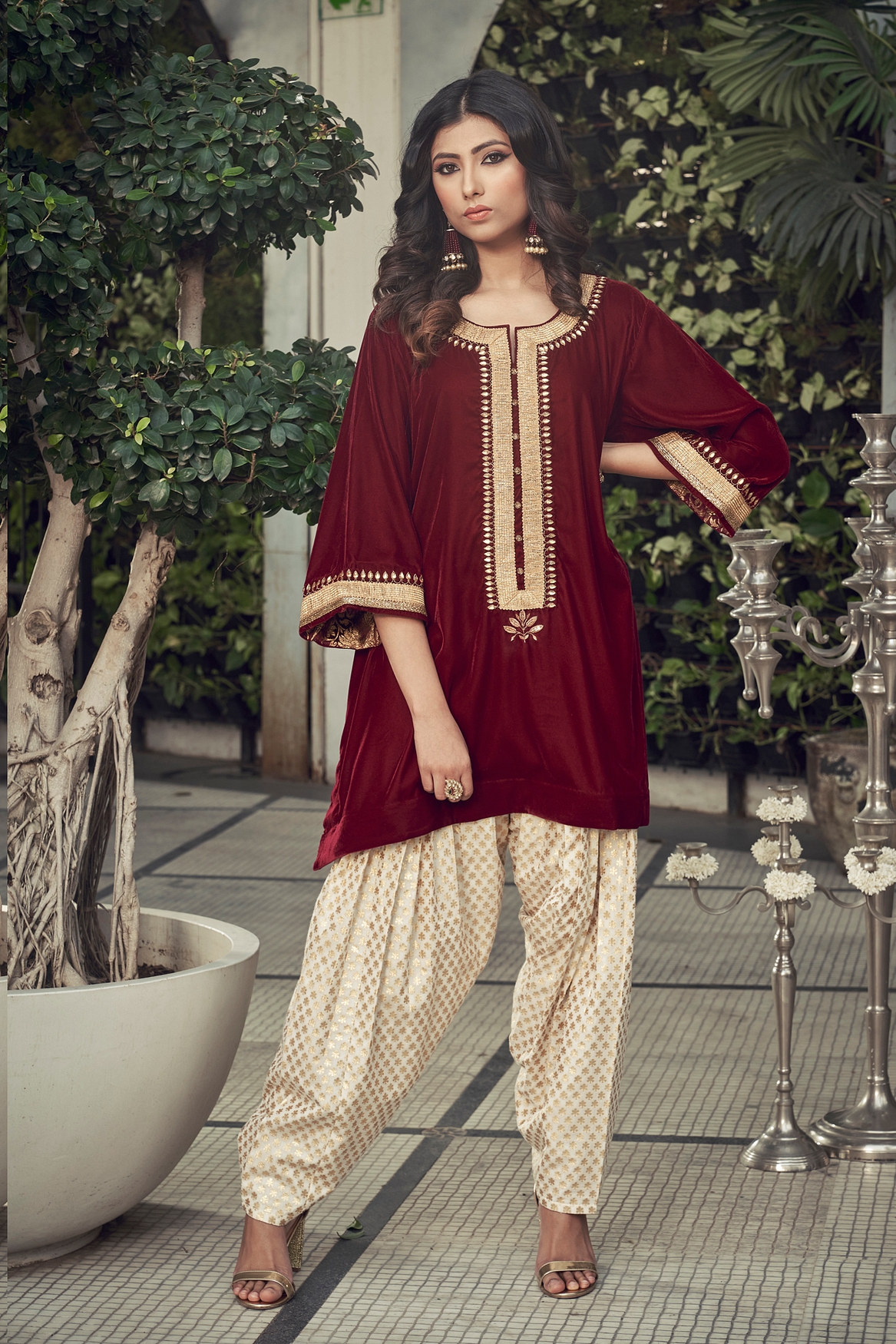 A model showcasing Mahroon Velvet Kurta Set Feature image by Ranian from Ranian's collection