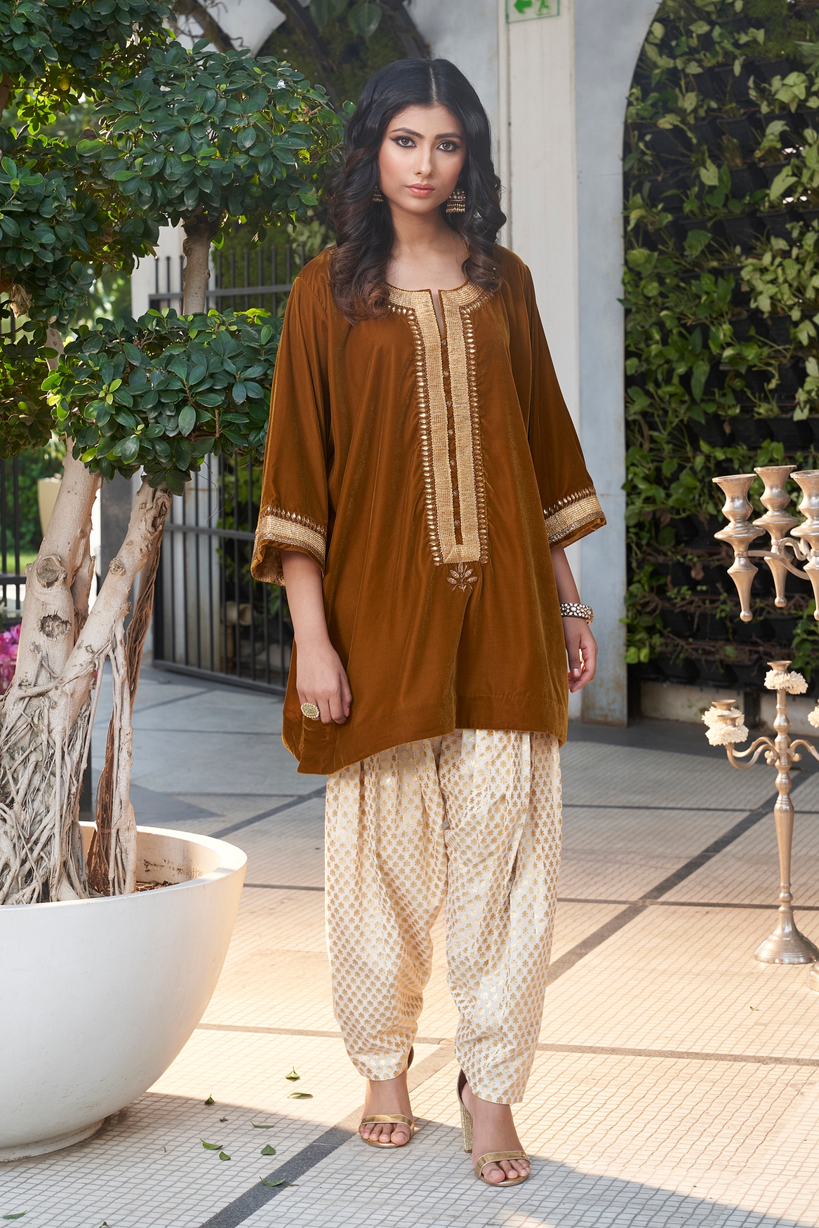 A model showcasing Sand Colour Velvet Kurta Set Feature image by Ranian from Ranian's collection