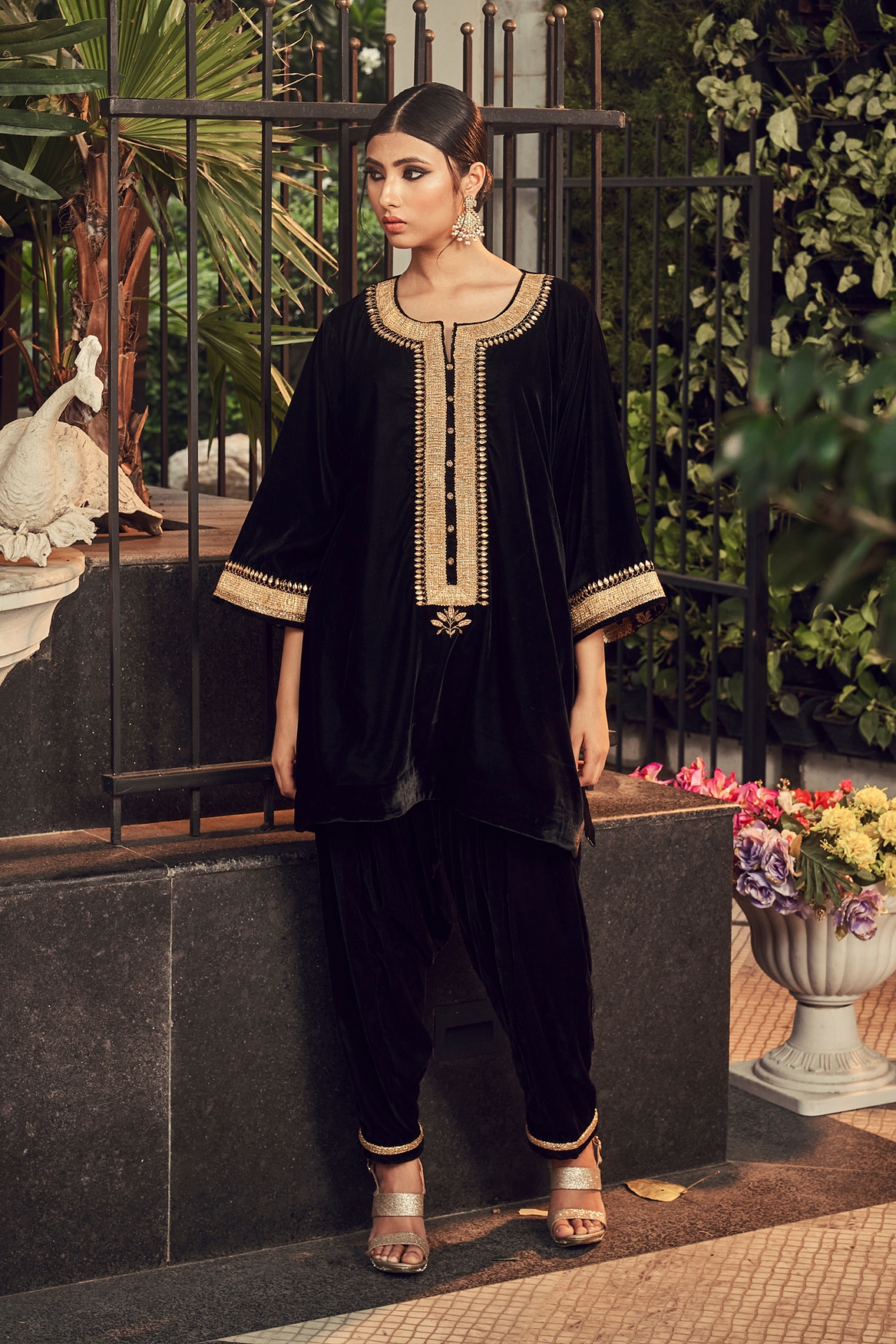 A model showcasing Black Velvet Kurta Set Feature image by Ranian from Ranian's collection