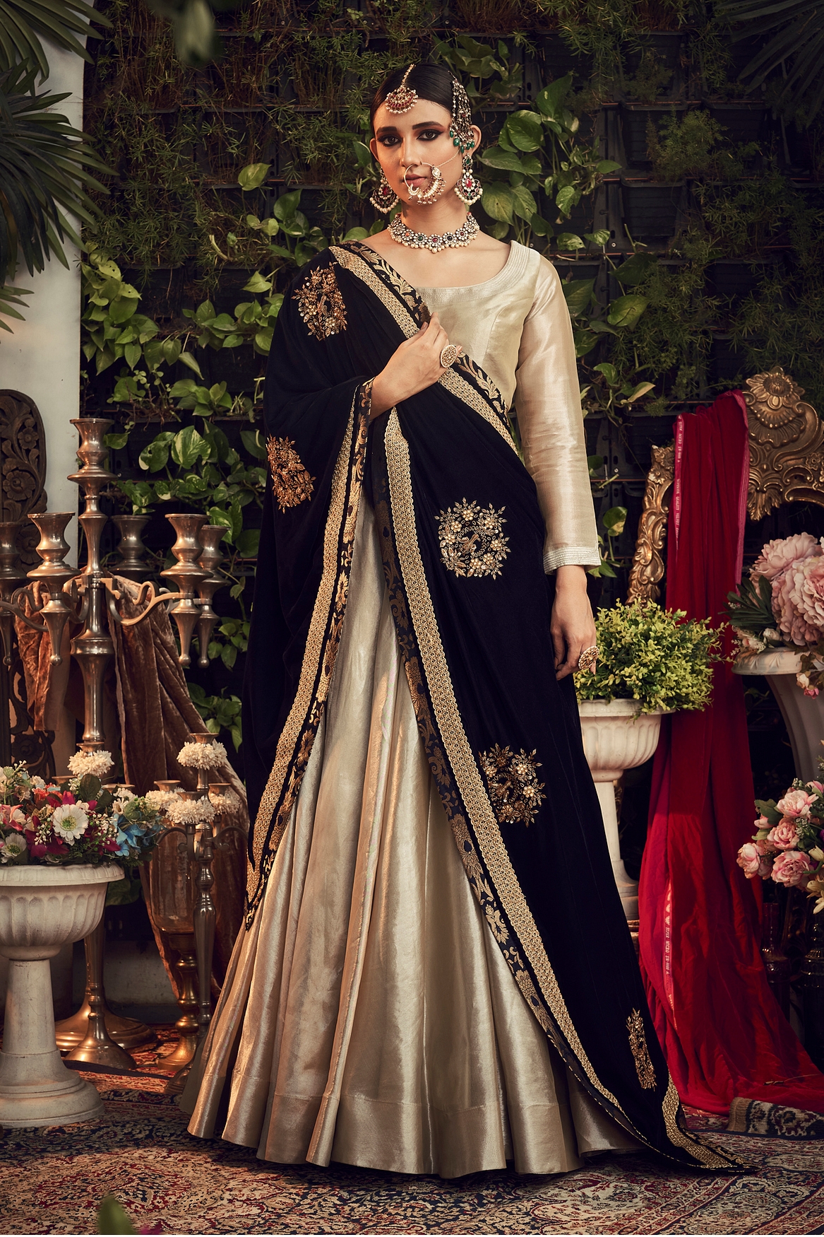 A model showcasing Champagne Lehenga Set Feature image by Ranian from Ranian's collection