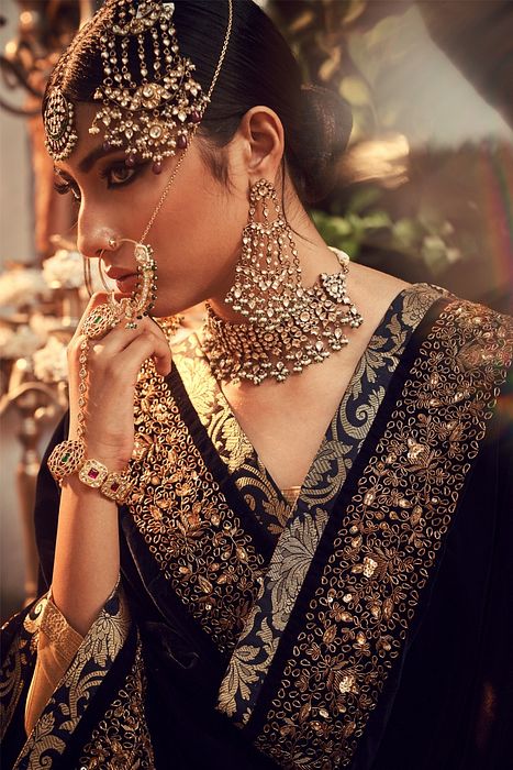 A model showcasing Oxidised Lehenga Set by Ranian from Ranian's collection A model showcasing Oxidised Lehenga Set by Ranian from Ranian's collection