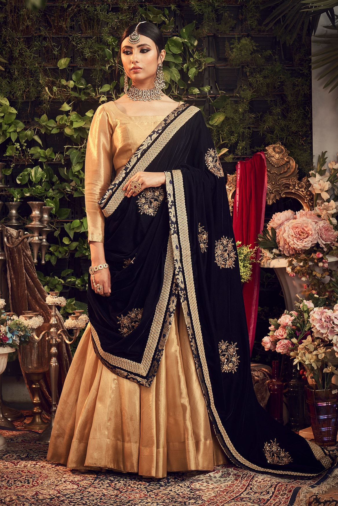 A model showcasing Oxidised Gold Lengha Set With Velvet Dupatta Shawl Feature image by Ranian from Ranian's collection