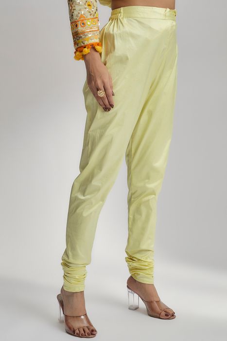 A model showcasing Riana Tiered Ag With Churidar In Yellow by Gopi Vaid from Gopi Vaid's collection