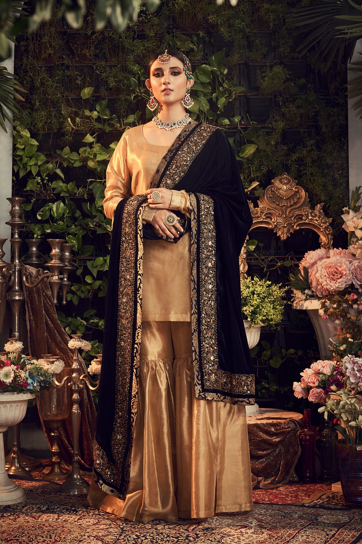A model showcasing Oxidised Gold Garara Set With Velvet Dupatta Shawl Feature image by Ranian from Ranian's collection