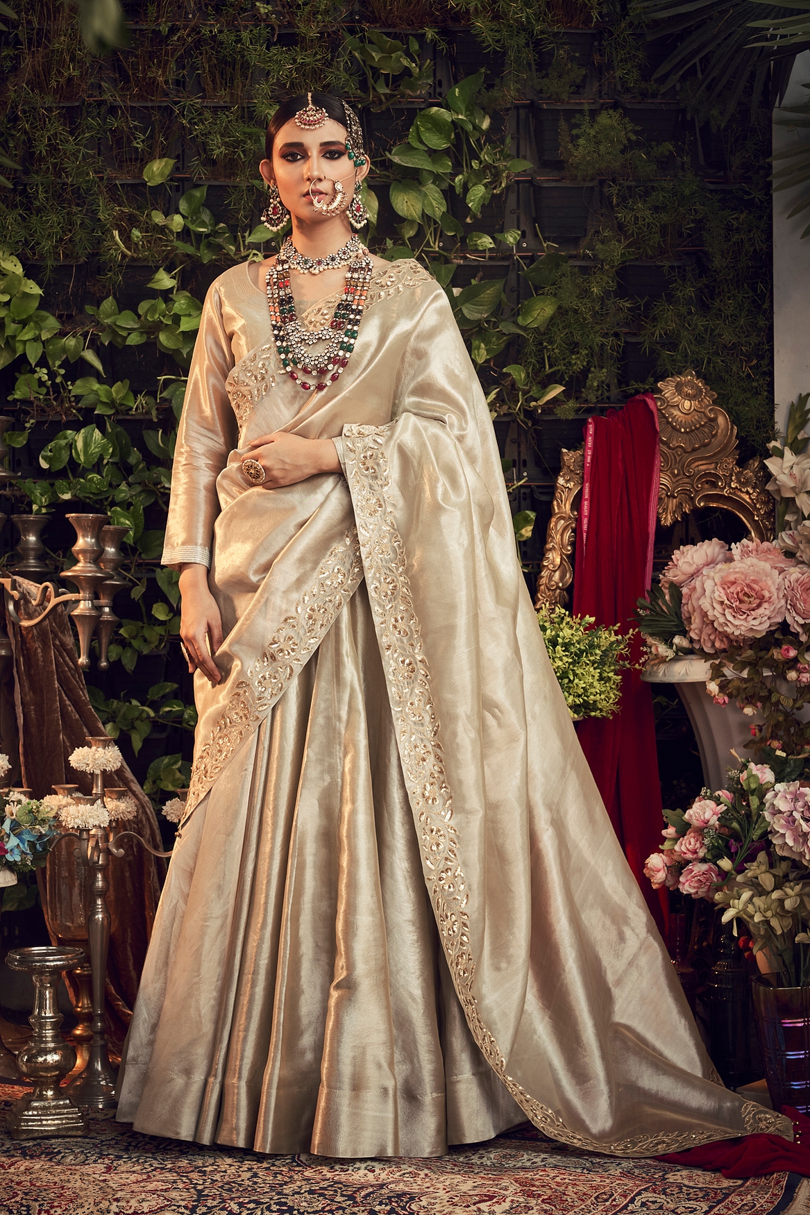 A model showcasing Champagne Lengha Set With Dupatta Feature image by Ranian from Ranian's collection