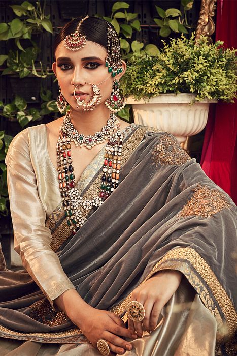 A model showcasing Champagne Lengha Set With Velvet Dupatta Shawl by Ranian from Ranian's collection