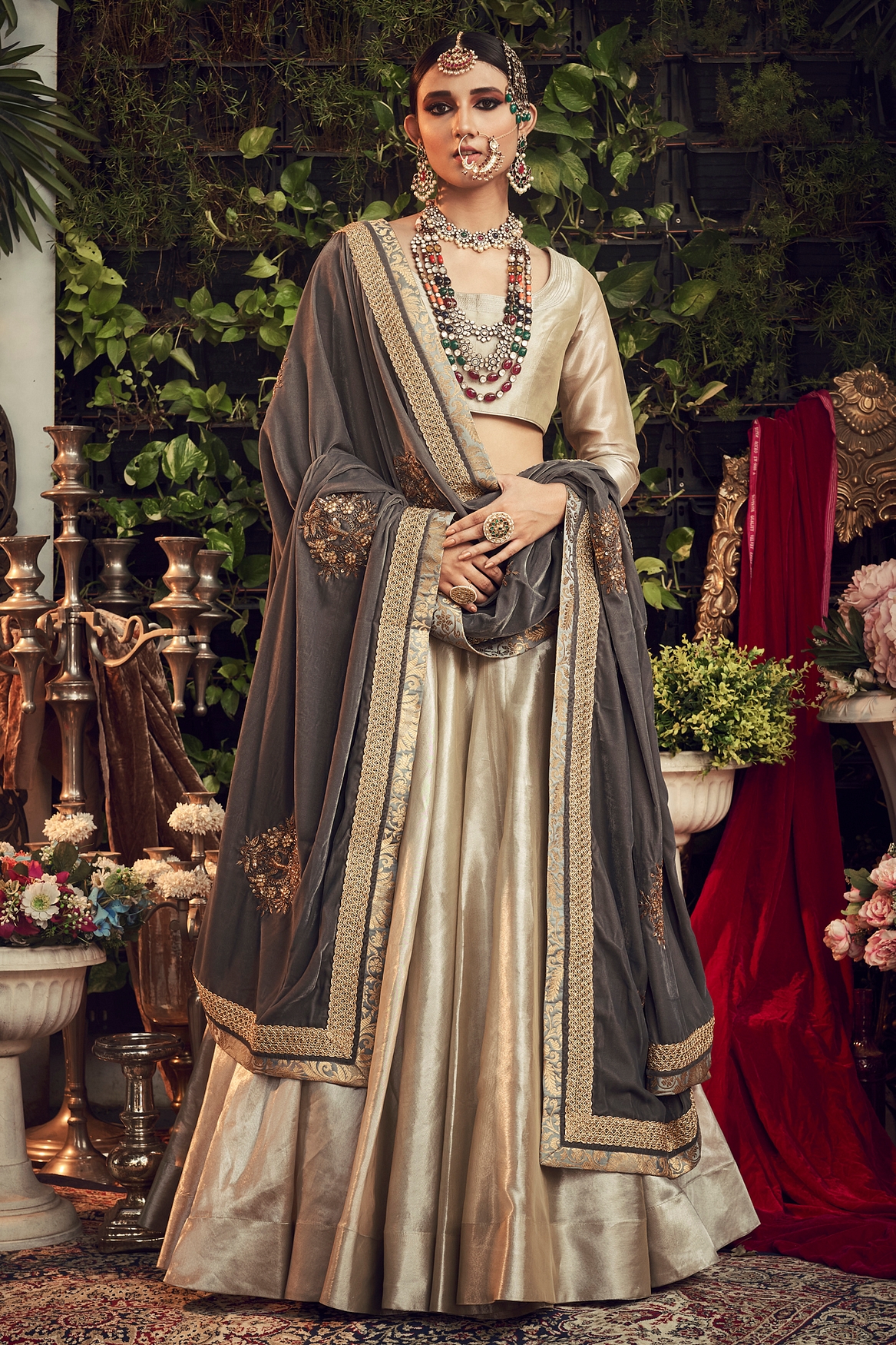 A model showcasing Champagne Lengha Set With Velvet Dupatta Shawl Feature image by Ranian from Ranian's collection