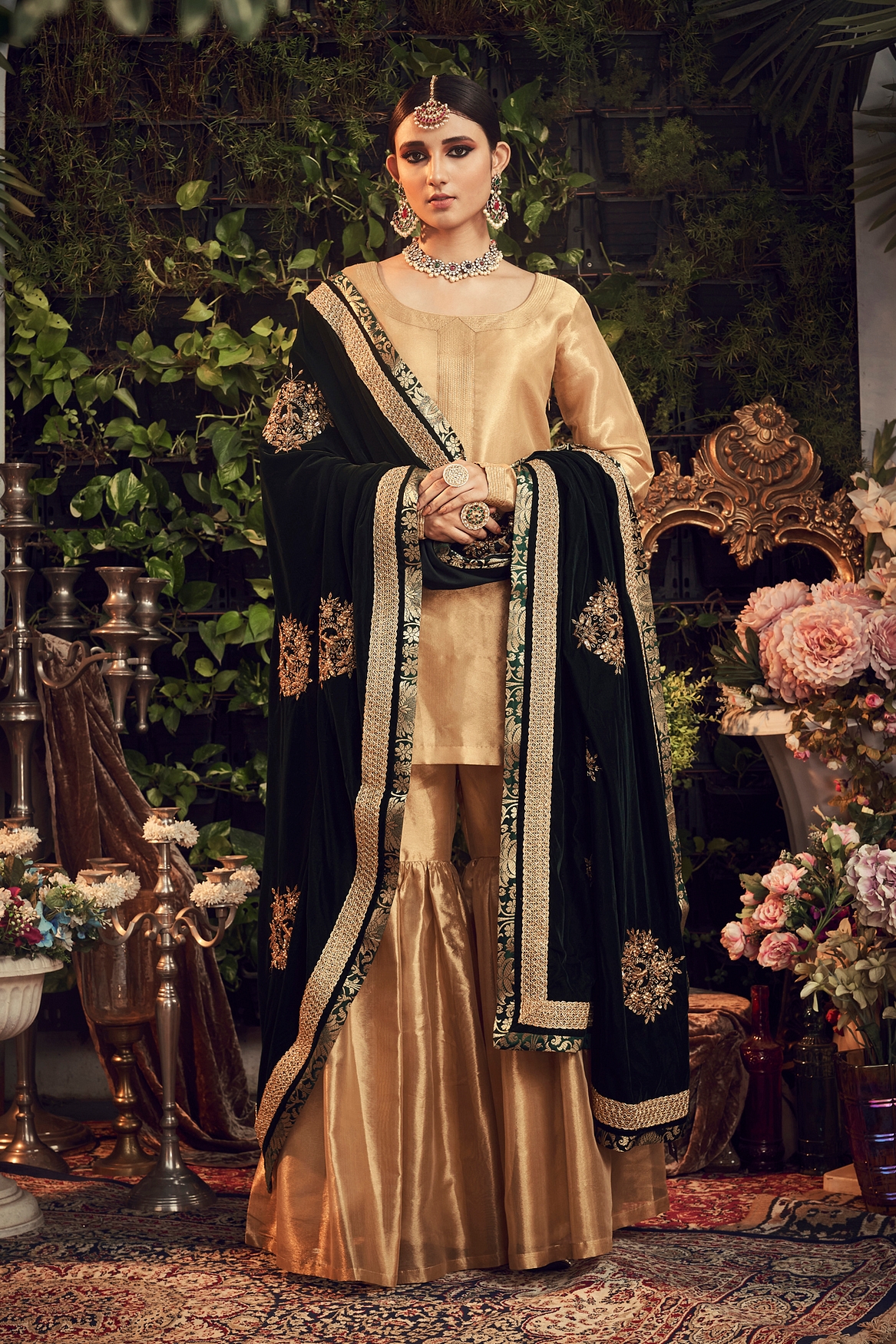 A model showcasing Oxidised Gold Garara Set With Velvet Dupatta Feature image by Ranian from Ranian's collection