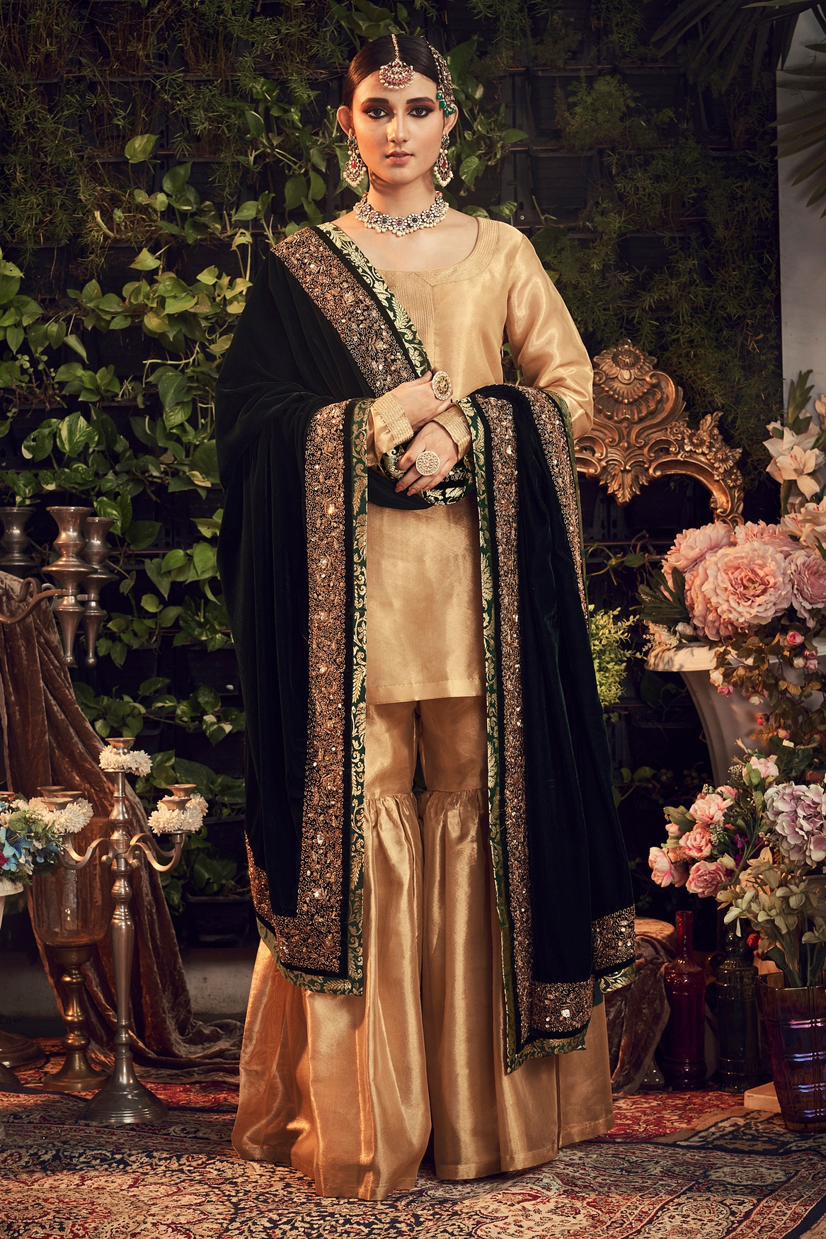 A model showcasing Gold Garara Set With Velvet Dupatta Feature image by Ranian from Ranian's collection
