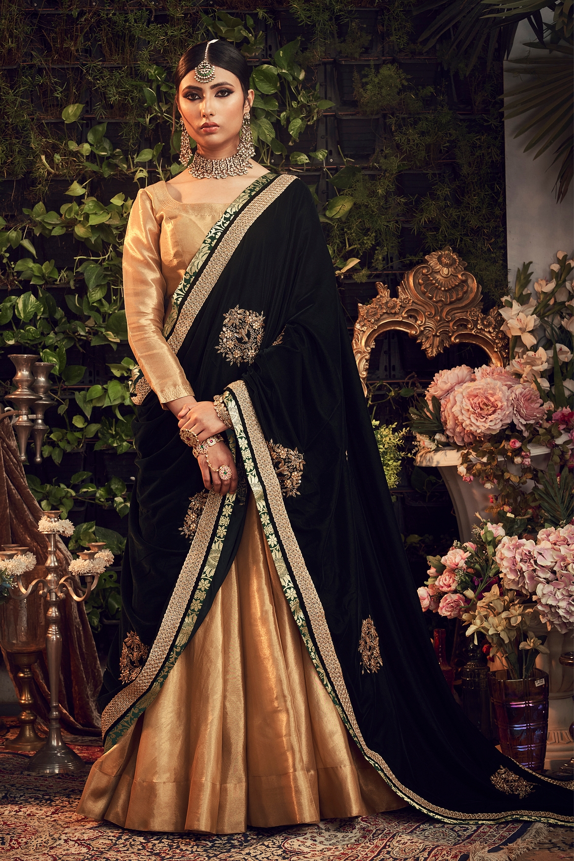 A model showcasing Gold Lehenga With Velvet Dupatta Feature image by Ranian from Ranian's collection