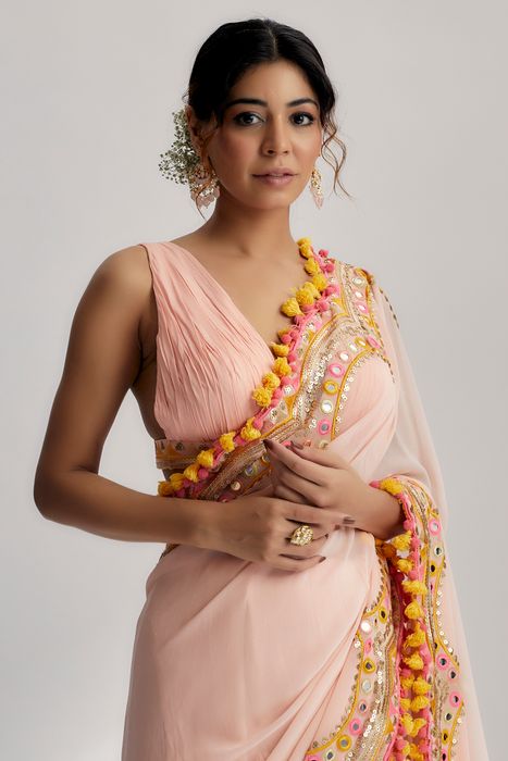 A model showcasing Pink Deehar Saree by Gopi Vaid from Gopi Vaid's collection