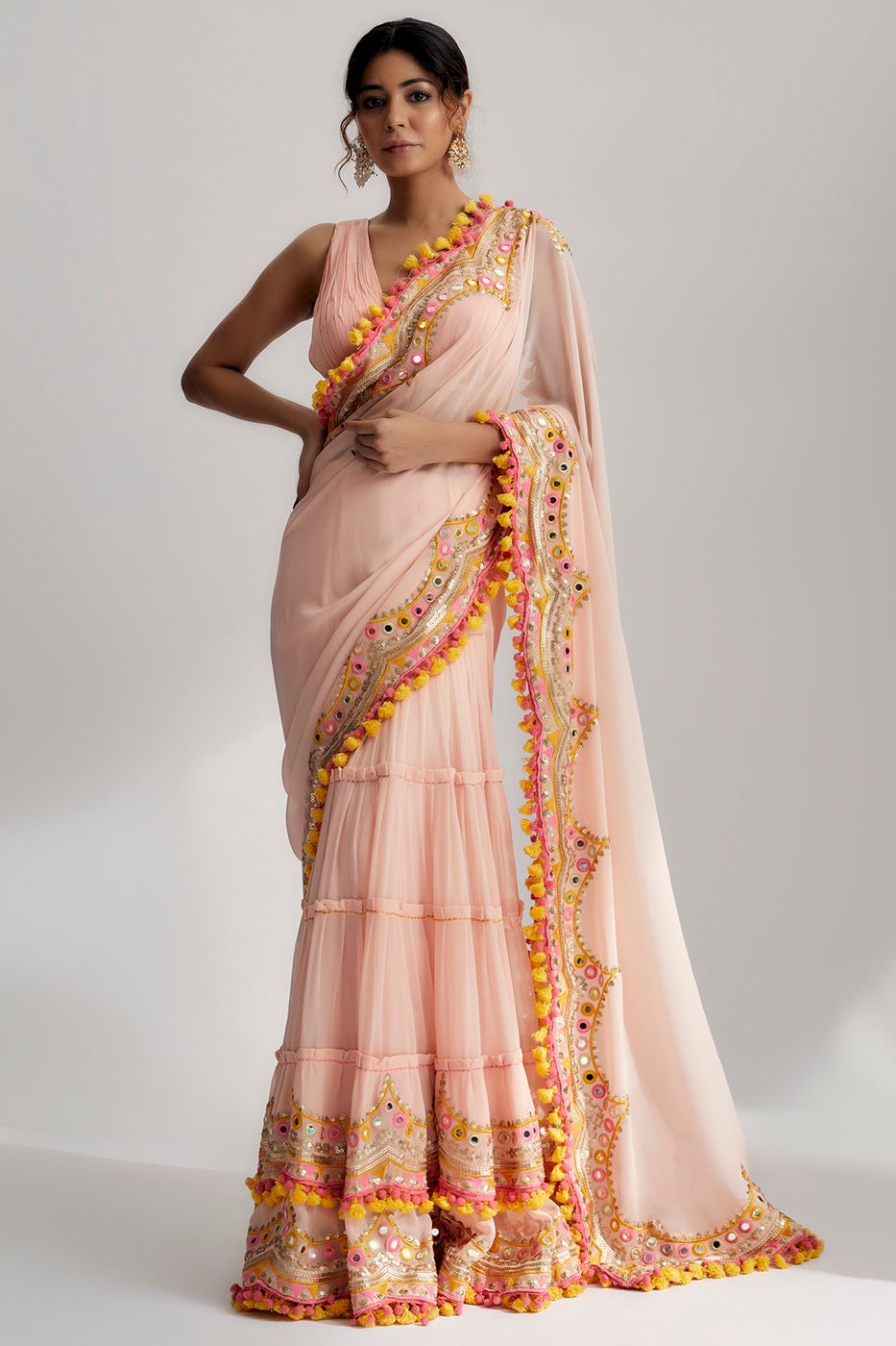 A model showcasing Pink Deehar Saree Feature image by Gopi Vaid from Gopi Vaid's collection