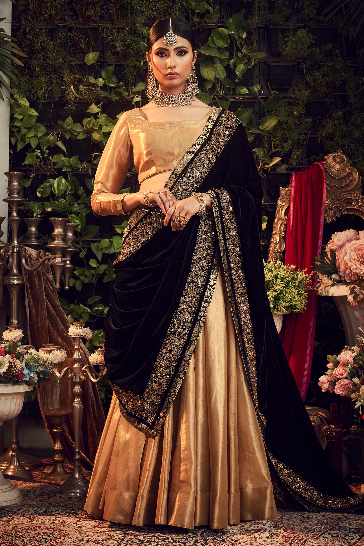 A model showcasing Oxidised Lengha Set With Velvet Dupatta Shawl Feature image by Ranian from Ranian's collection
