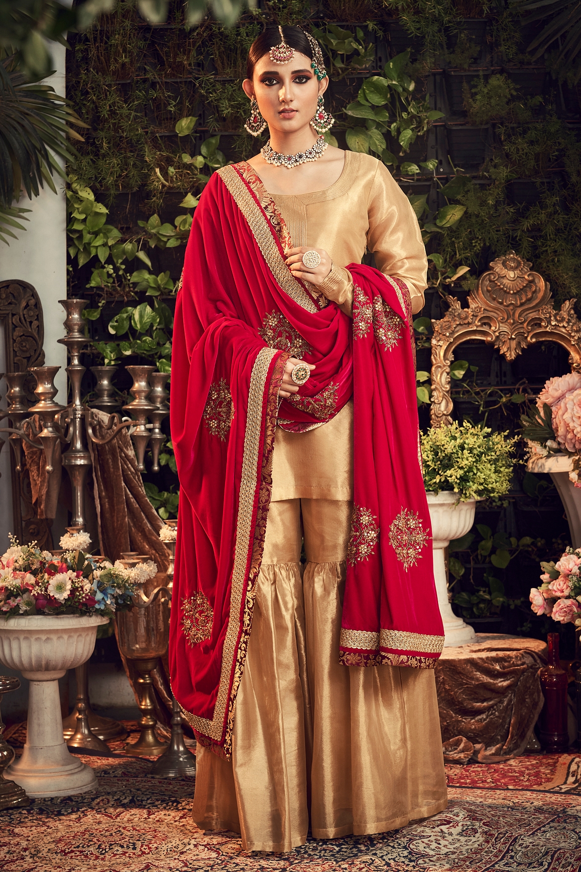 A model showcasing Oxidised Gold Garara Set With Red Velvet Dupatta Feature image by Ranian from Ranian's collection