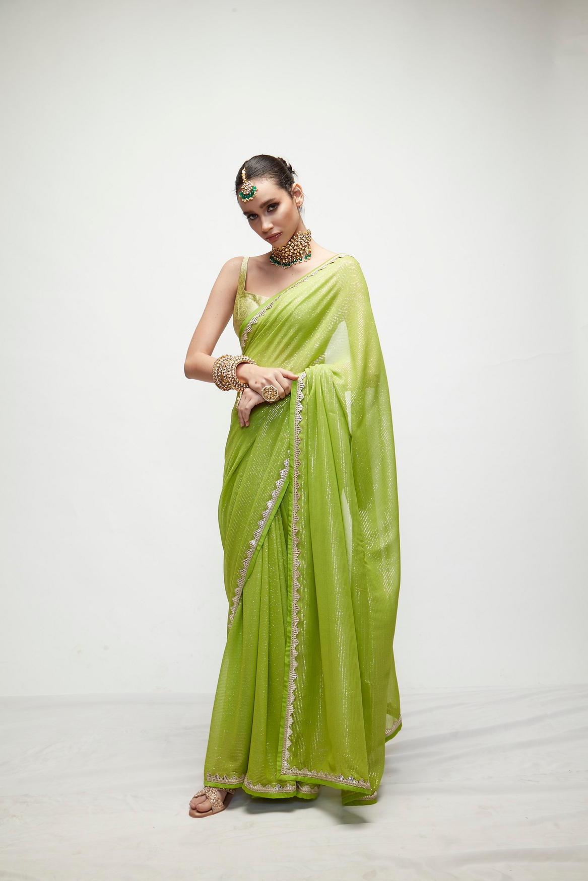 A model showcasing Chartreuse Green Mettalic Saree Set Feature image by Ranian from Ranian's collection