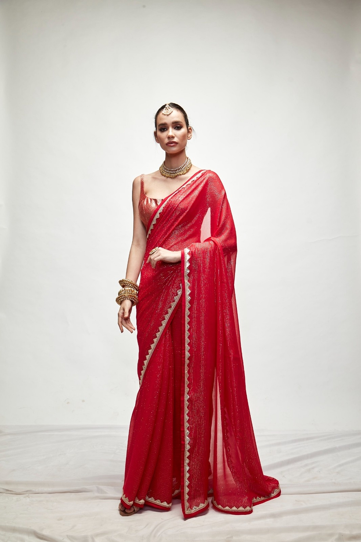 A model showcasing Carmine Red Mettalic Saree Set Feature image by Ranian from Ranian's collection