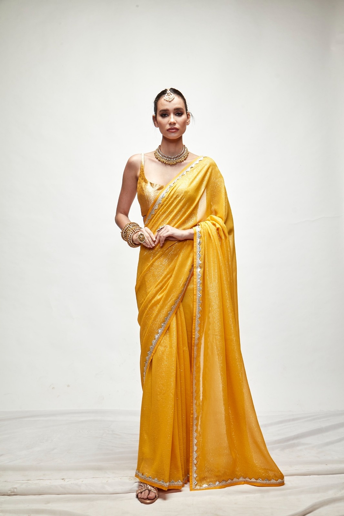 A model showcasing Dandelion Yellow Mettalic Saree Set Feature image by Ranian from Ranian's collection