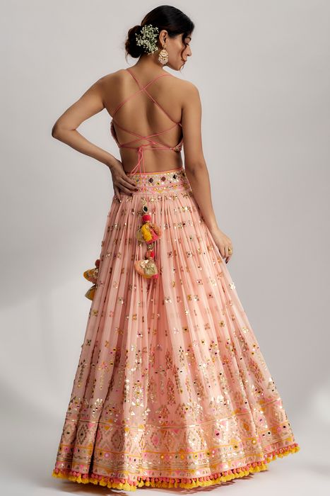 A model showcasing Ruah Gathered Lehenga Set In Pink by Gopi Vaid from Gopi Vaid's collection