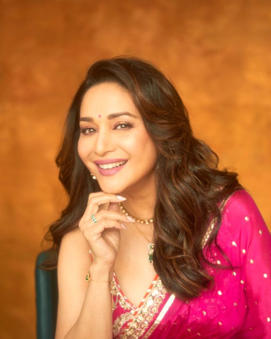 A model showcasing Madhuri Dixit In Golconda Madhuri Saree Set In Pink by Gopi Vaid from Gopi Vaid's collection