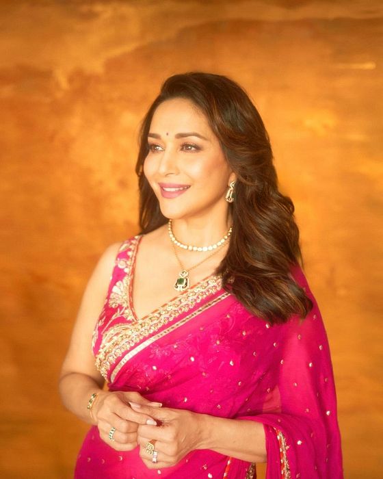 A model showcasing Madhuri Dixit In Golconda Madhuri Saree Set In Pink by Gopi Vaid from Gopi Vaid's collection