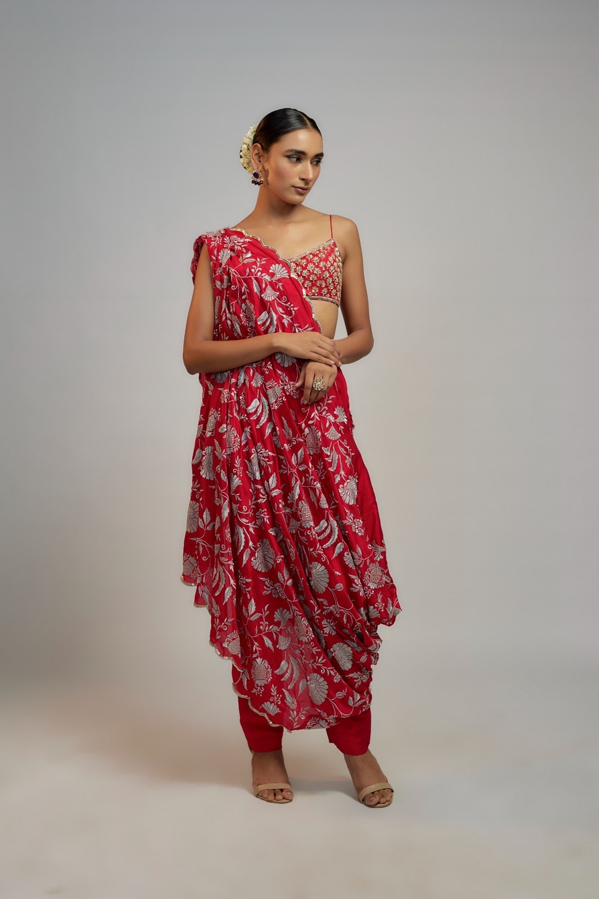 A model showcasing Golconda Red Vanya Pant Set Feature image by Gopi Vaid from Gopi Vaid's collection