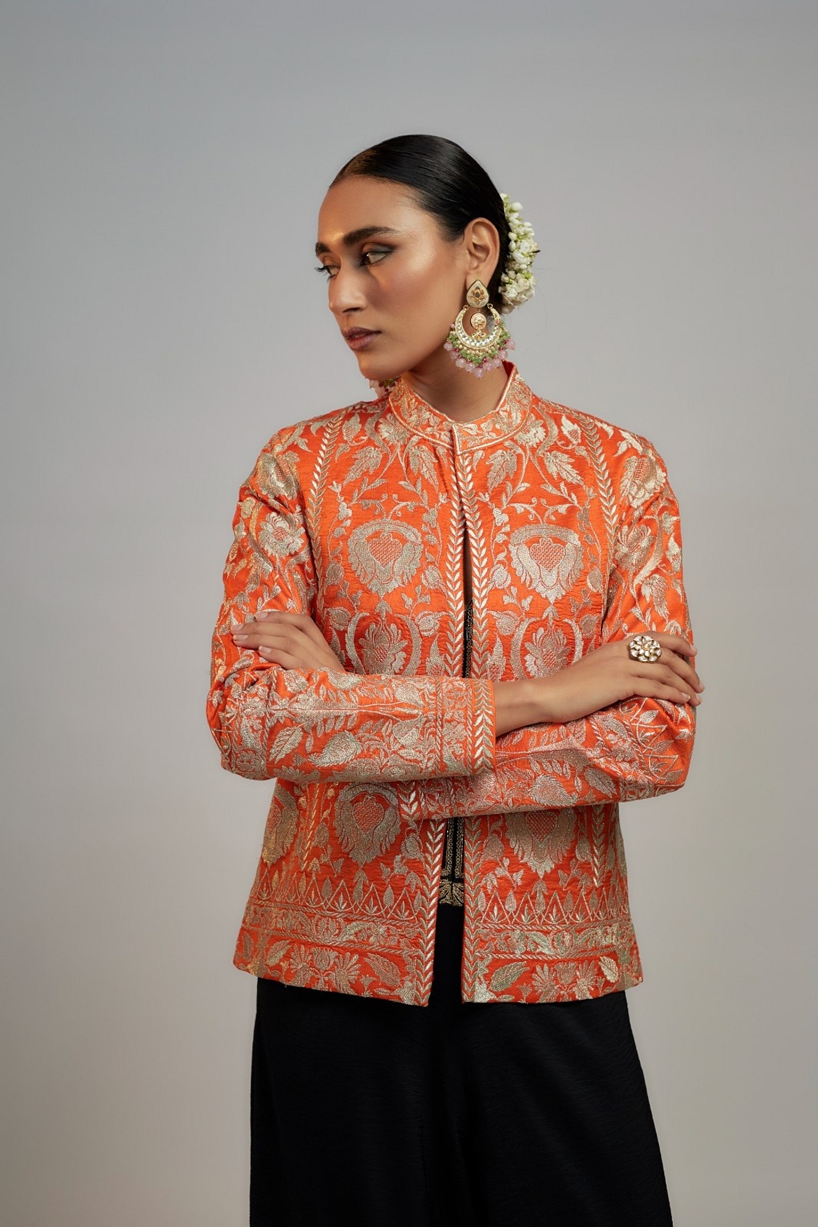 A model showcasing Golconda Orange Saba Blazer Feature image by Gopi Vaid from Gopi Vaid's collection