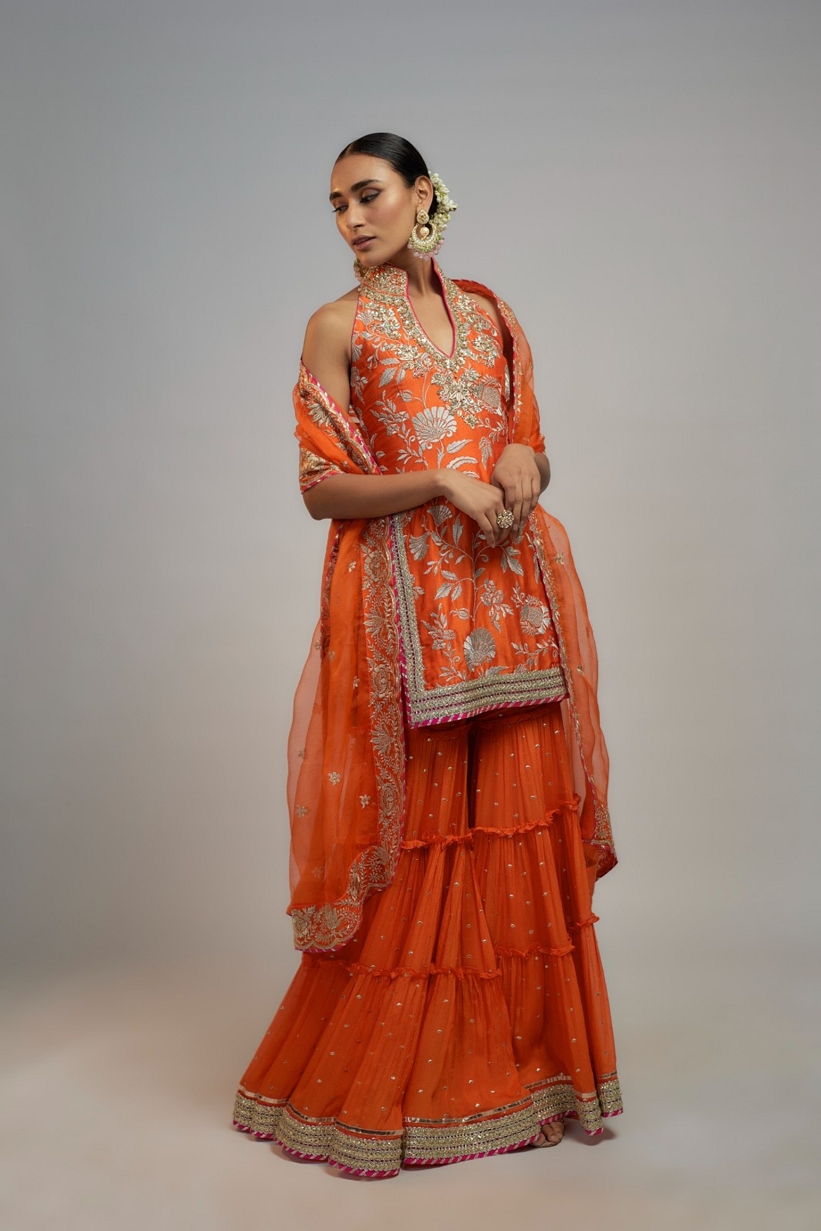 A model showcasing Golconda Orange Sitara Set Feature image by Gopi Vaid from Gopi Vaid's collection