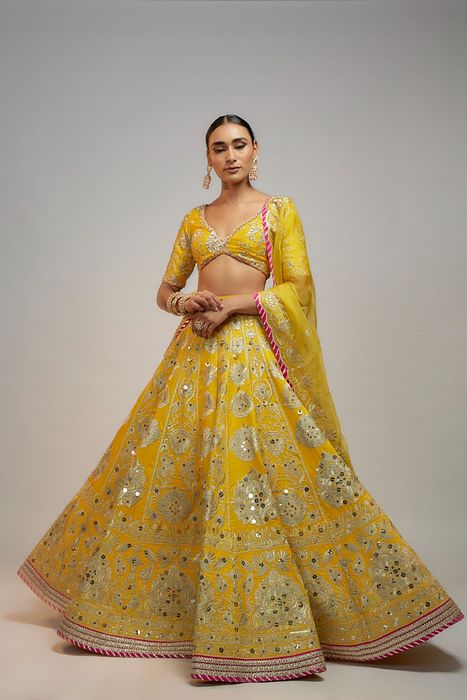 A model showcasing Sara Ali Khan In Golconda Anha Lehenga Set by Gopi Vaid from Gopi Vaid's collection