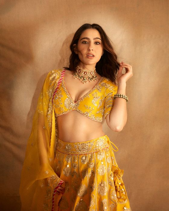 A model showcasing Sara Ali Khan In Golconda Anha Lehenga Set by Gopi Vaid from Gopi Vaid's collection