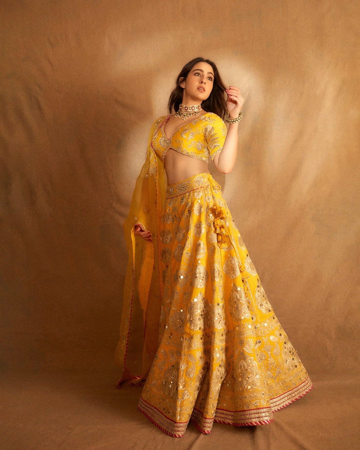 A model showcasing Sara Ali Khan In Golconda Anha Lehenga Set Feature image by Gopi Vaid from Gopi Vaid's collection