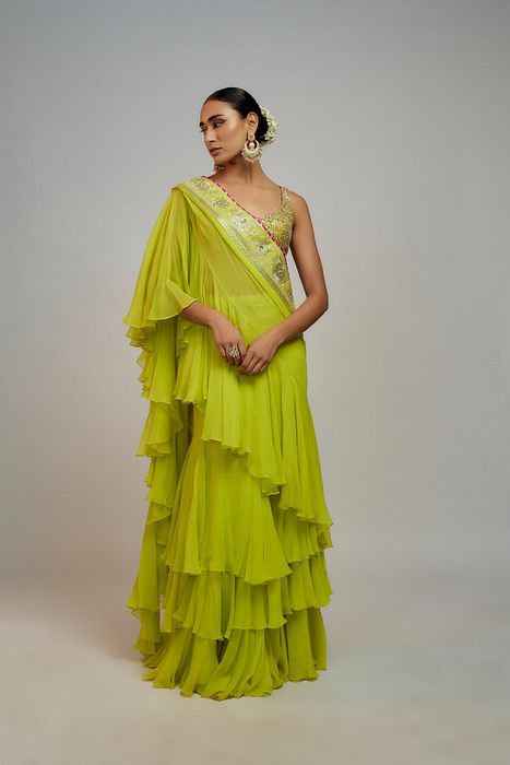 A model showcasing Golconda Lime Green Absar Saree Set by Gopi Vaid from Gopi Vaid's collection