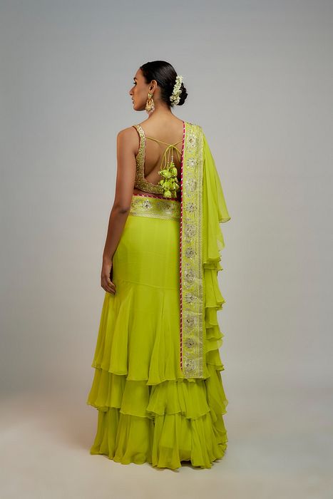 A model showcasing Golconda Lime Green Absar Saree Set by Gopi Vaid from Gopi Vaid's collection