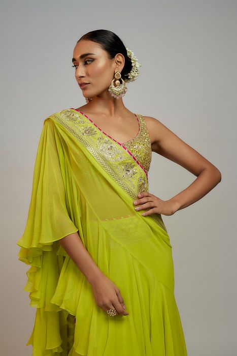 A model showcasing Golconda Lime Green Absar Saree Set by Gopi Vaid from Gopi Vaid's collection