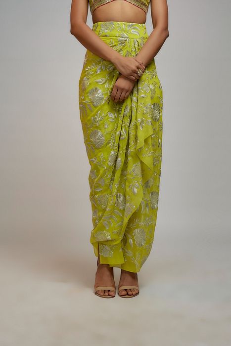 A model showcasing Golconda Lime Green Alia Wrap Skirt Set by Gopi Vaid from Gopi Vaid's collection