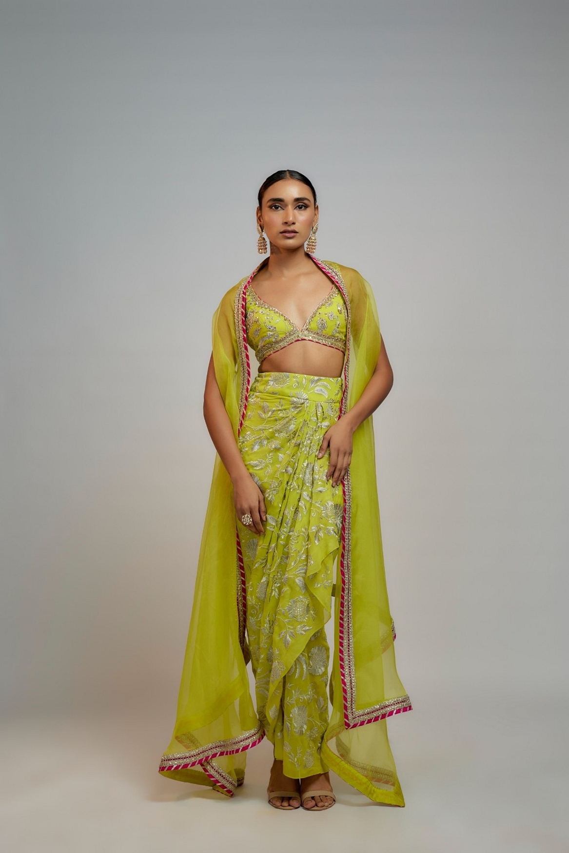 A model showcasing Golconda Lime Green Alia Wrap Skirt Set Feature image by Gopi Vaid from Gopi Vaid's collection