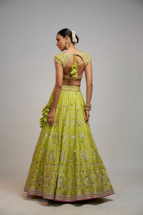 A model showcasing Golconda Lime Green Nayla Lehenga Set by Gopi Vaid from Gopi Vaid's collection