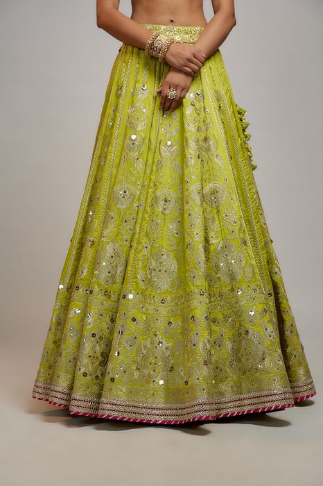 A model showcasing Golconda Lime Green Nayla Lehenga Set by Gopi Vaid from Gopi Vaid's collection