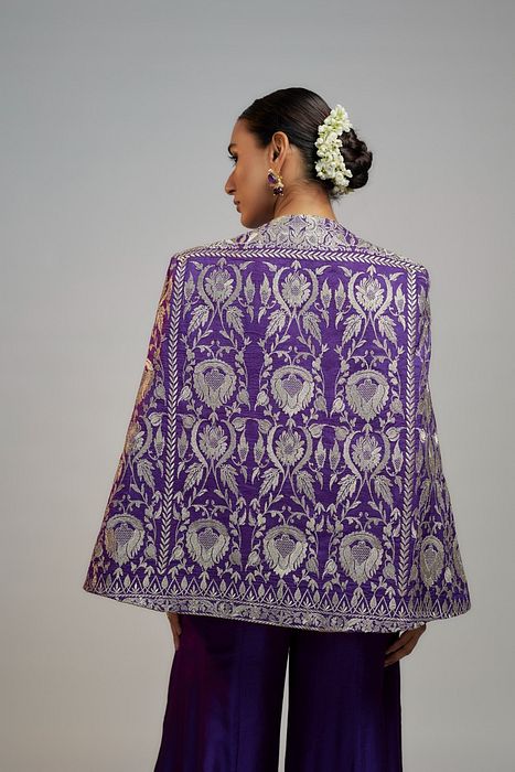 A model showcasing Golconda Purple Dalnaz Blazer by Gopi Vaid from Gopi Vaid's collection
