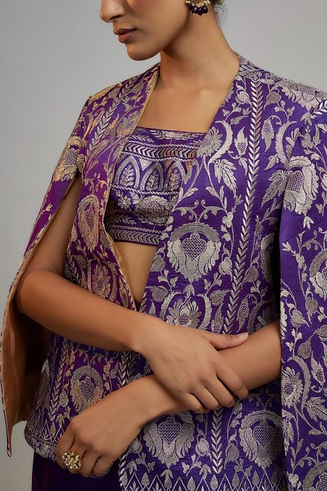 A model showcasing Golconda Purple Dalnaz Blazer by Gopi Vaid from Gopi Vaid's collection
