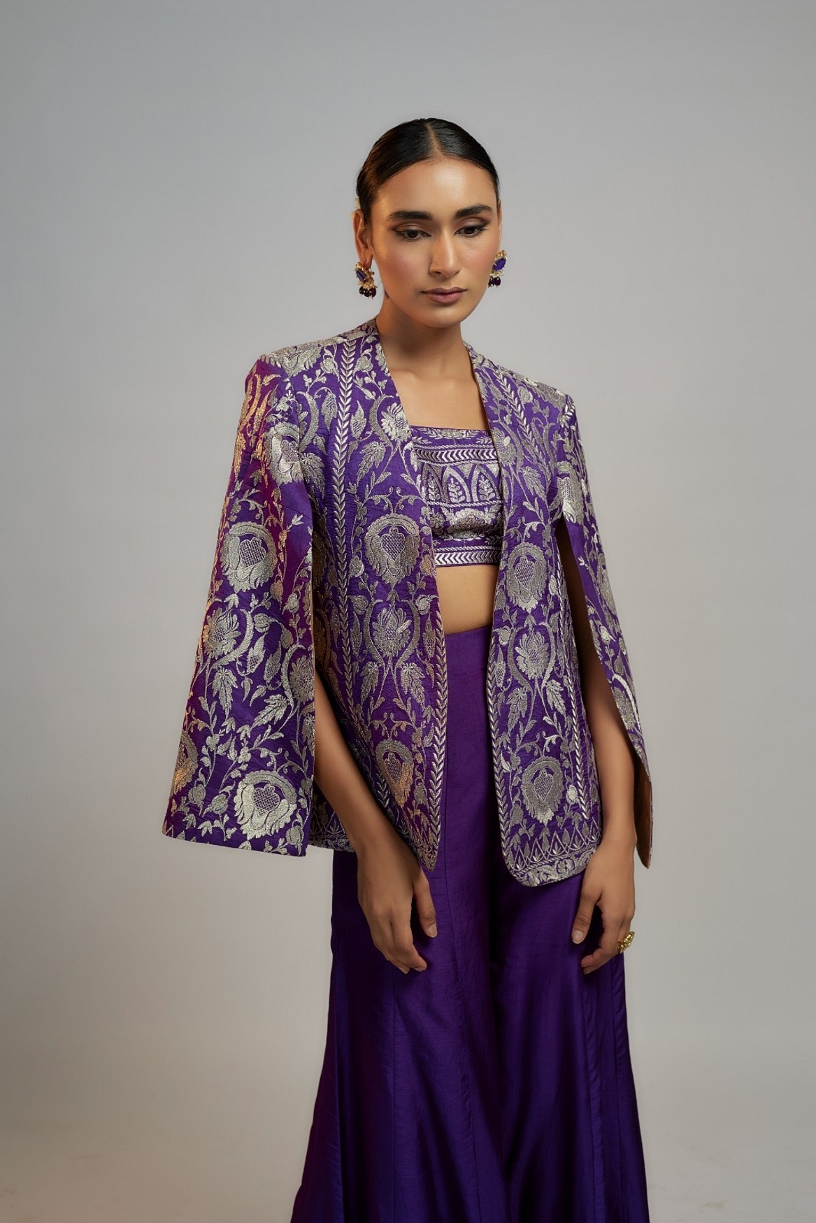 A model showcasing Golconda Purple Dalnaz Blazer Feature image by Gopi Vaid from Gopi Vaid's collection