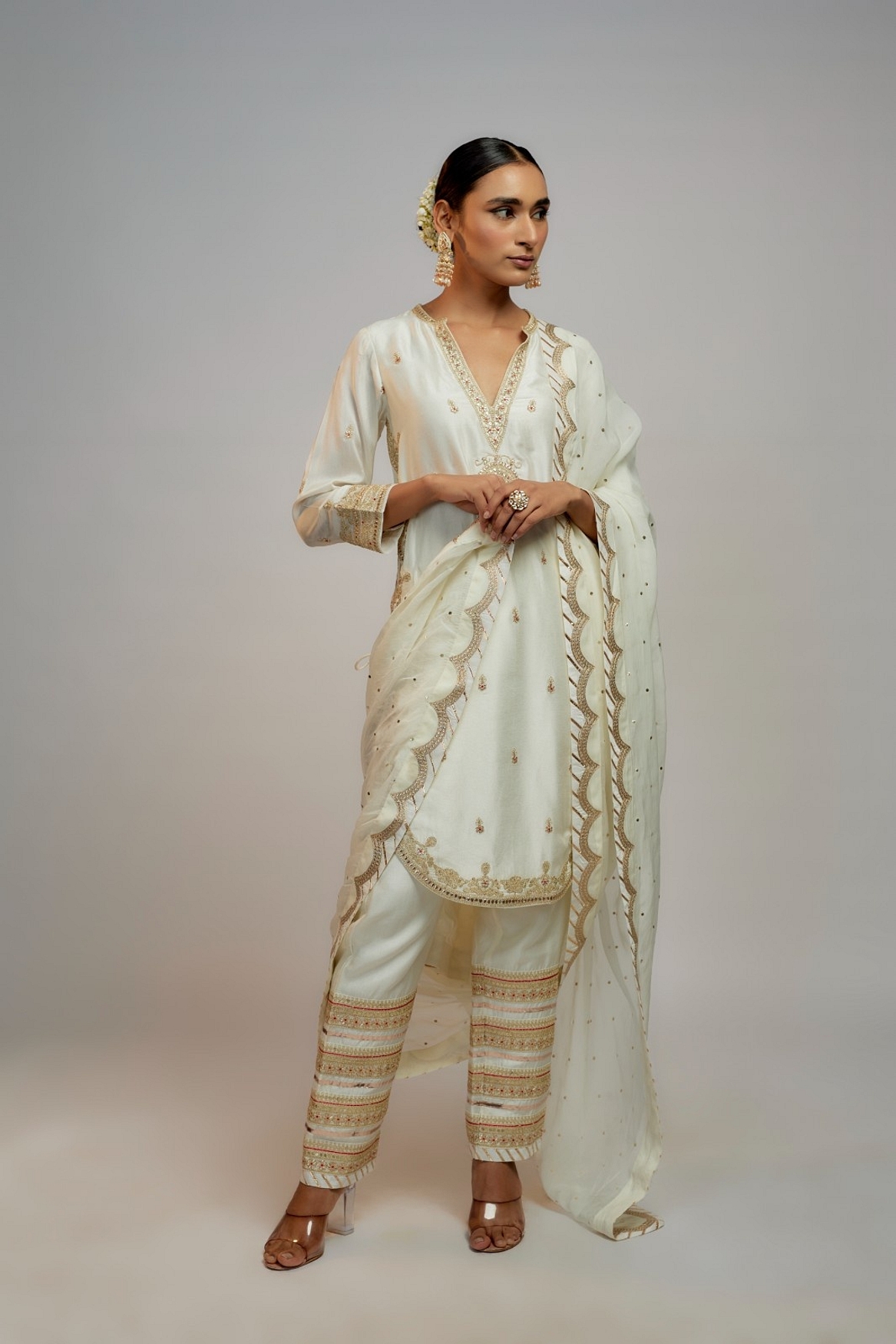 A model showcasing Golconda White Tahira Pant Set Feature image by Gopi Vaid from Gopi Vaid's collection