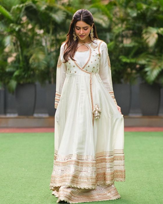 A model showcasing Golconda White Meera Anarkali Set by Gopi Vaid from Gopi Vaid's collection