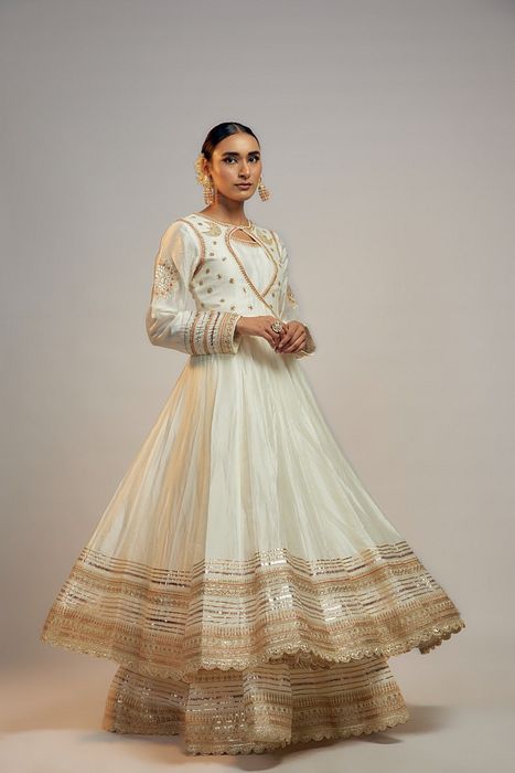 A model showcasing Golconda White Meera Anarkali Set by Gopi Vaid from Gopi Vaid's collection