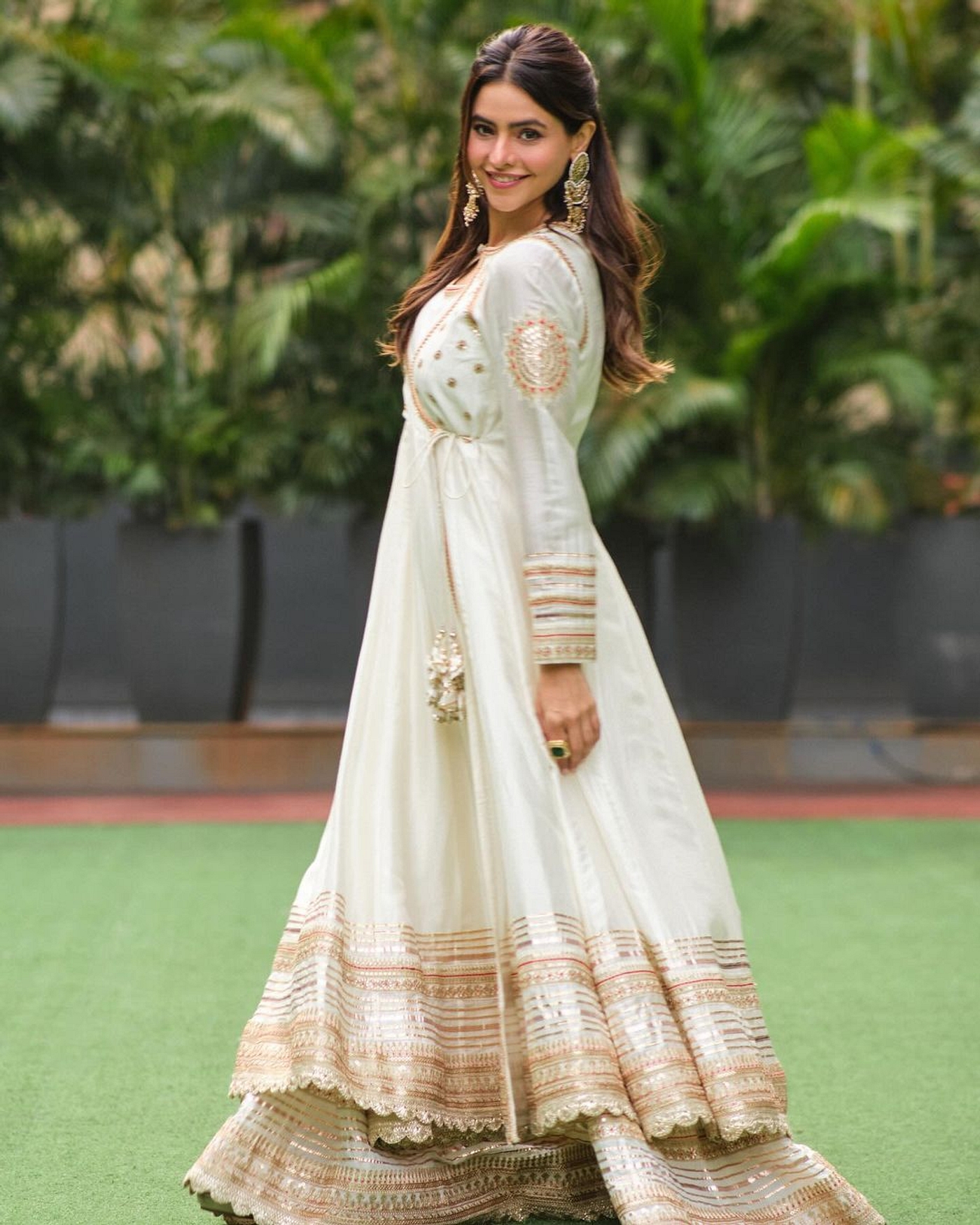 A model showcasing Golconda White Meera Anarkali Set Feature image by Gopi Vaid from Gopi Vaid's collection