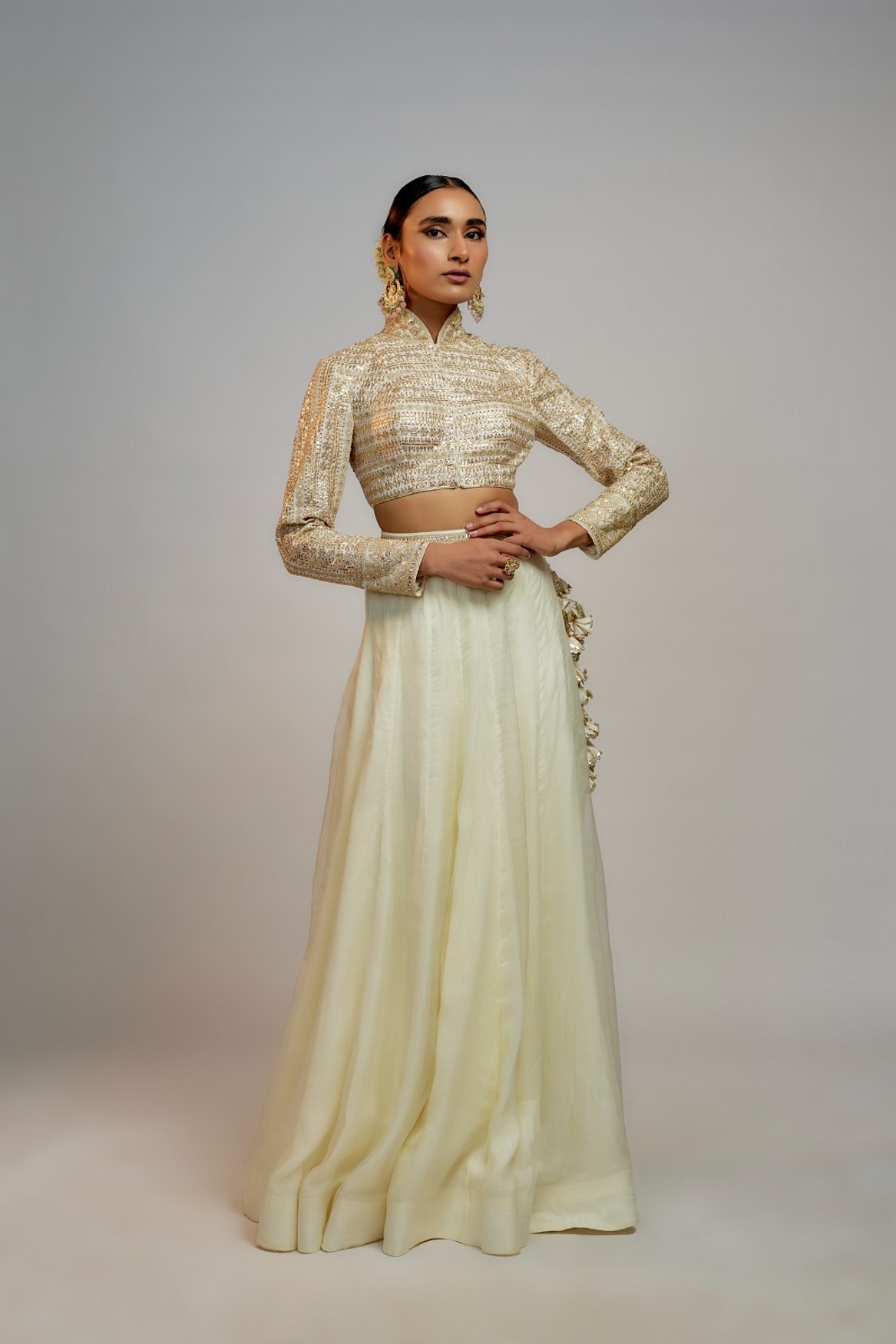 A model showcasing Golconda White Shaziya Skirt Set Feature image by Gopi Vaid from Gopi Vaid's collection